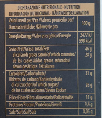 Fondente 74% con granella di cacao nutrition facts table