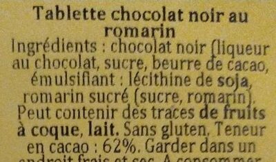 Tablette chocolat noir au romarin, Fondente 62% con rosmarino ingredients label