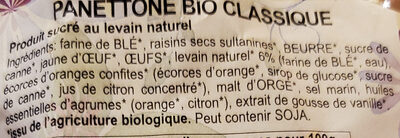 Panettone classique bio ingredients label
