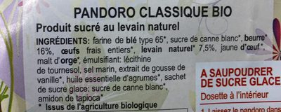 Pandoro classique Bio ingredients label