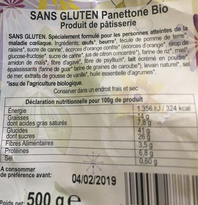 Panettone Bio ingredients label
