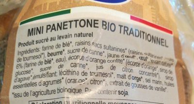 Mini Panettone bio traditionnel ingredients label