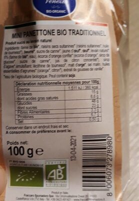 Mini Panettone bio traditionnel nutrition facts table