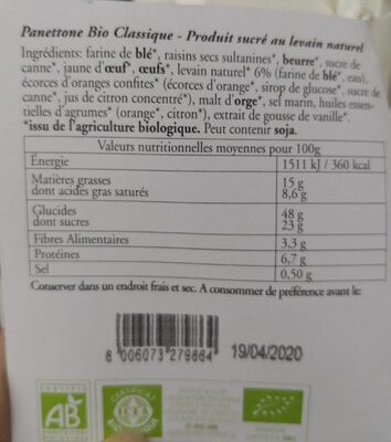 Panettone nutrition facts table