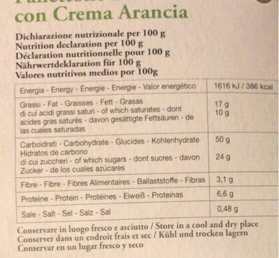 Panettone bio con crema arancia nutrition facts table