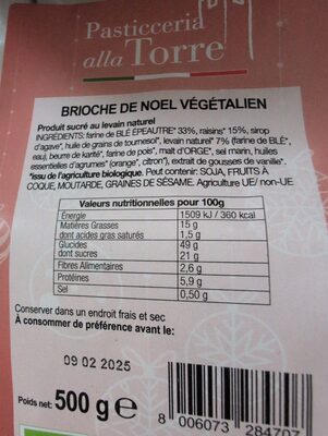 Brioche De Noël Végétalien nutrition facts table