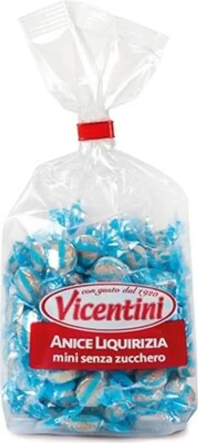 Mini caramelle anice e liquirizia senza zucchero front packaging