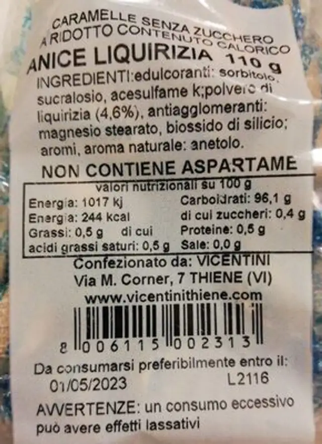 Mini caramelle anice e liquirizia senza zucchero nutrition facts table