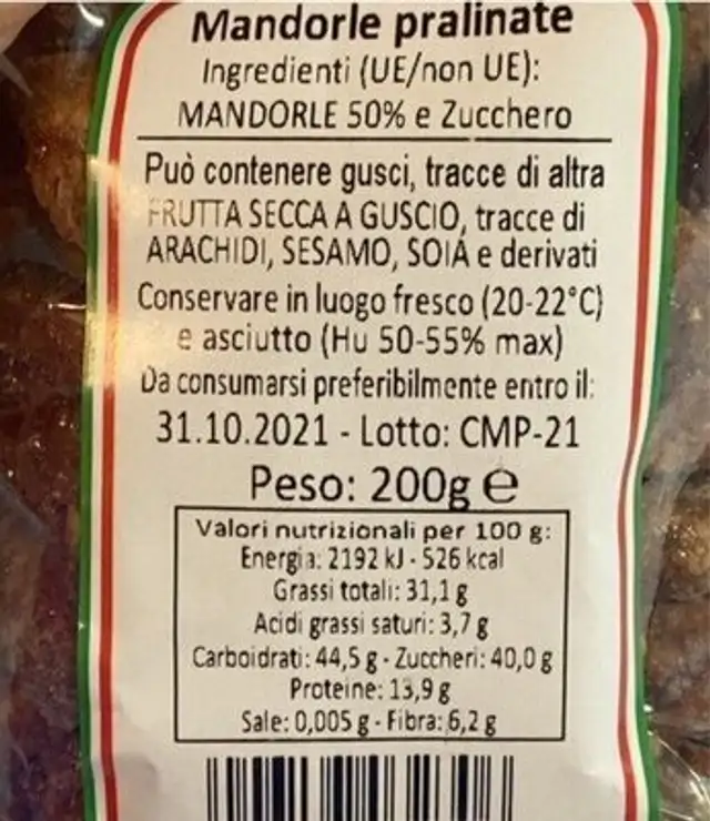 Mandorle pralinate nutrition facts table