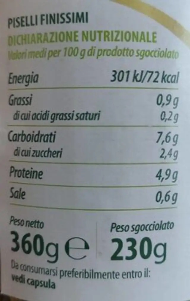 Pisello finissimi nutrition facts table