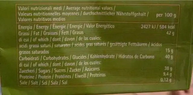 Cuadro nutrition facts table