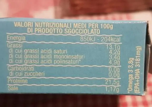 Filetto di Sardina Griliata al naturale nutrition facts table