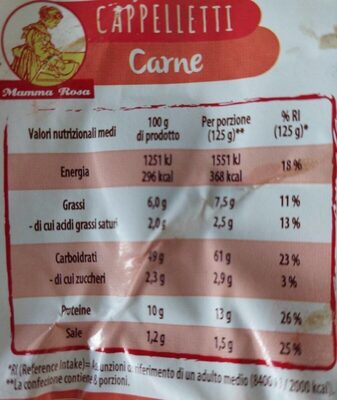 Cappelletti carne nutrition facts table