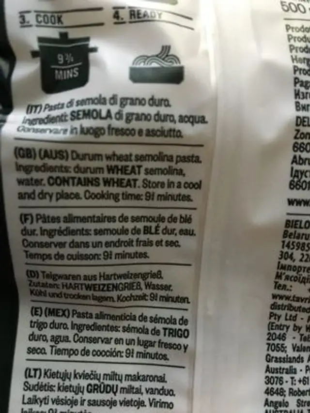 Penne Zita Rigate - Pâtes alimentaires de semoule de blé dur ingredients label