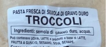 Troccoli di semola di Grano Duro ingredients label