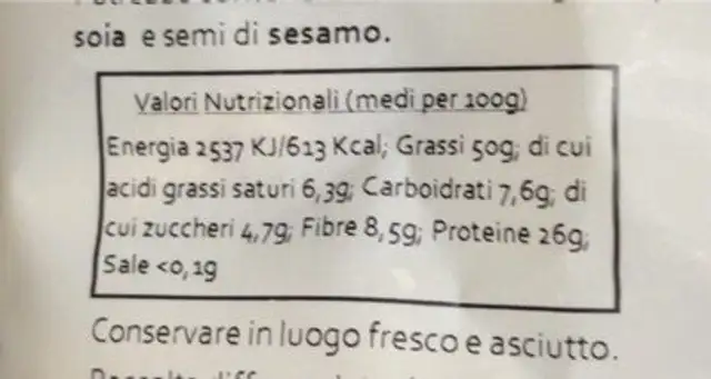 Arachidi in guscio nutrition facts table