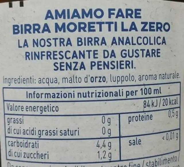 La Zero ingredients label