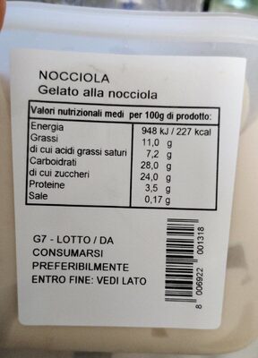 Gelato G7 nutrition facts table