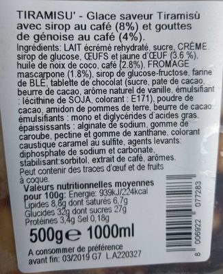Tiramisù nutrition facts table