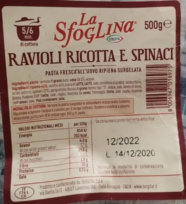 Ravioli ricotta e spinaci front packaging