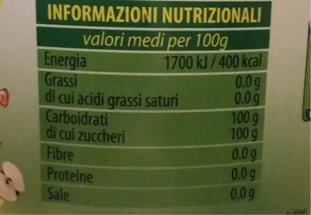 Fruttosio nutrition facts table