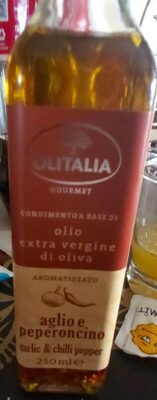 Olio extra vergine di oliva aromatizzato aglio e peperoncino front packaging