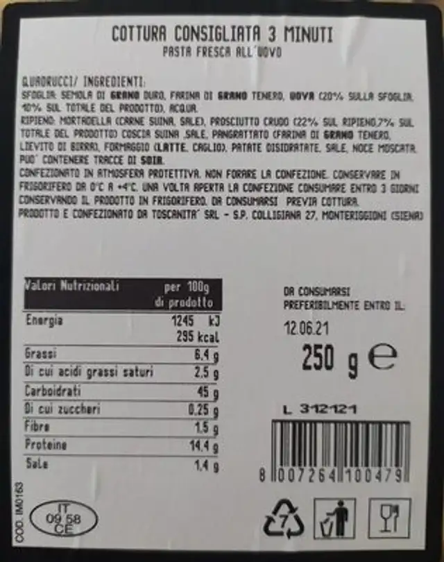 Quadrucci al prosciutto crudo nutrition facts table