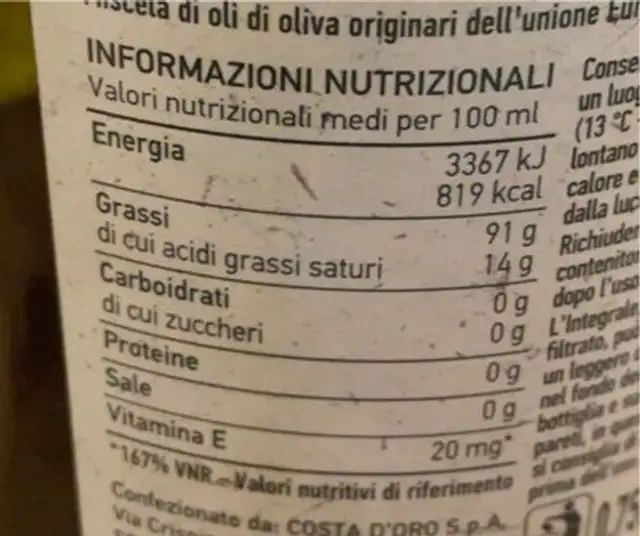 Olio integrale non filtrato nutrition facts table