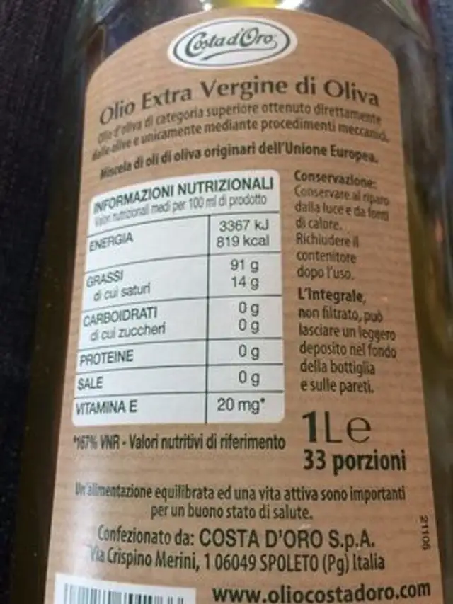 Lintegrale Non filtrato olio extra vergine di oliva ingredients label