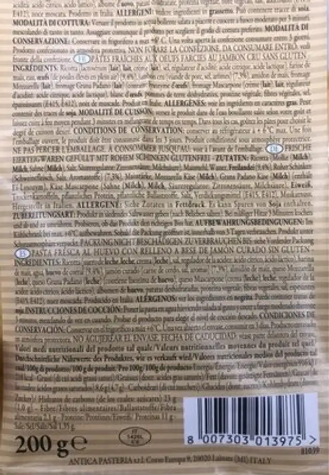 Ravioli nutrition facts table