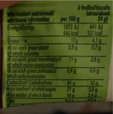 Frollini cacao intenso nutrition facts table