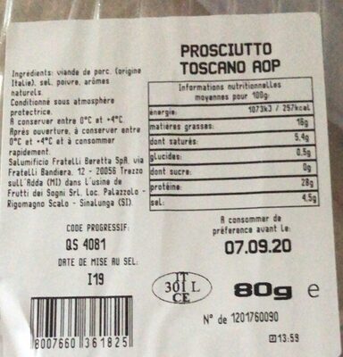 Prosciutto toscano dop front packaging
