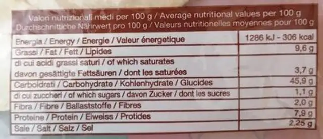 Piada sfogliata extrasottile nutrition facts table