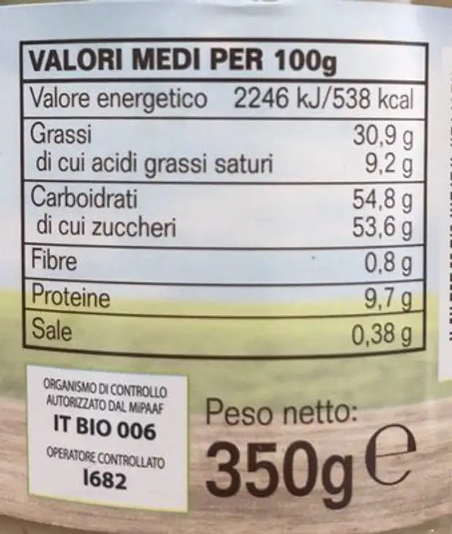Nutkao (Crema latte e nocciole) nutrition facts table