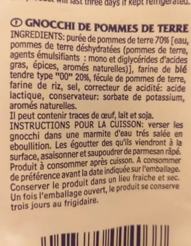 Gnocchi di patate ingredients label