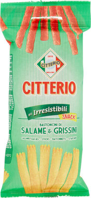 Gli irresistibili snack bastoncini di salame & grissini front packaging