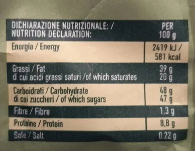 Vialetto pistacchio nutrition facts table