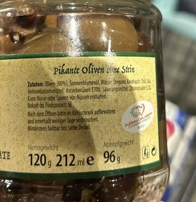 Pikante Oliven ohne Stein ingredients label