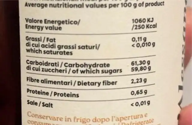 Confettura Extra di Visciola nutrition facts table