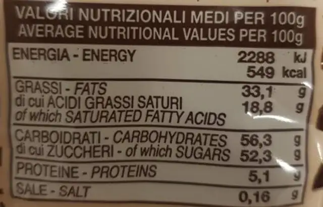 Ovetti al cioccolato nutrition facts table