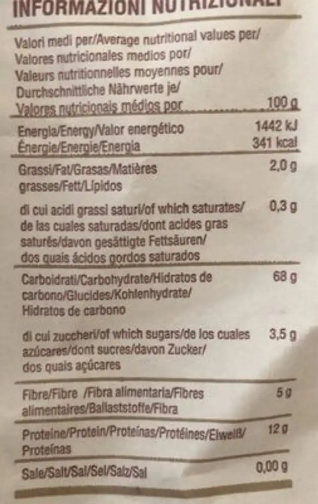 maccheroni rigati nutrition facts table