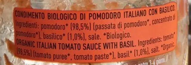 Pomodoro Con Basilico ingredients label