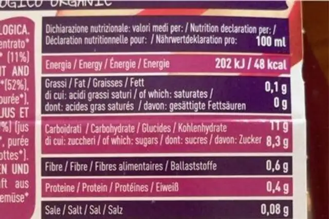 100% Frutta e Verdura nutrition facts table