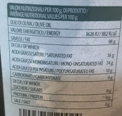 Olio extravergine di oliva nutrition facts table