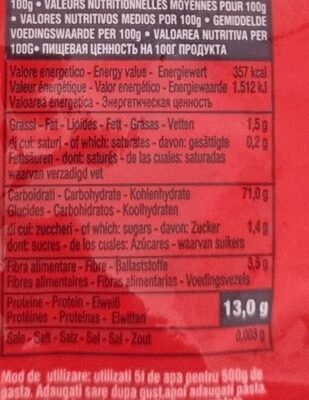 Penne Medie Rigate nutrition facts table