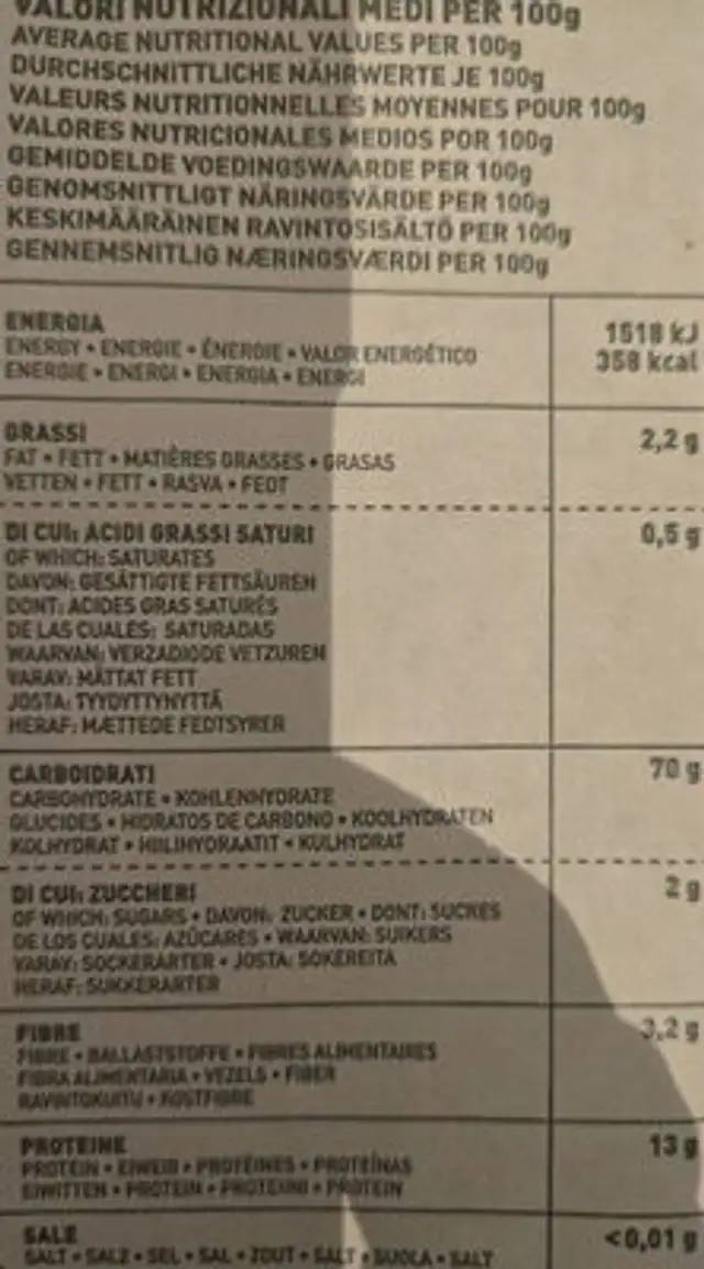 Farro dicocco fettuccine n° 74 nutrition facts table