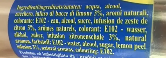 Limoncello ingredients label