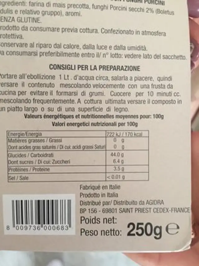 Polenta aux Bolets ingredients label