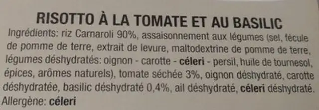 Risotto à la tomate et au basilic ingredients label