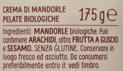Crema di Mandorle Pelate Bio 100% ingredients label